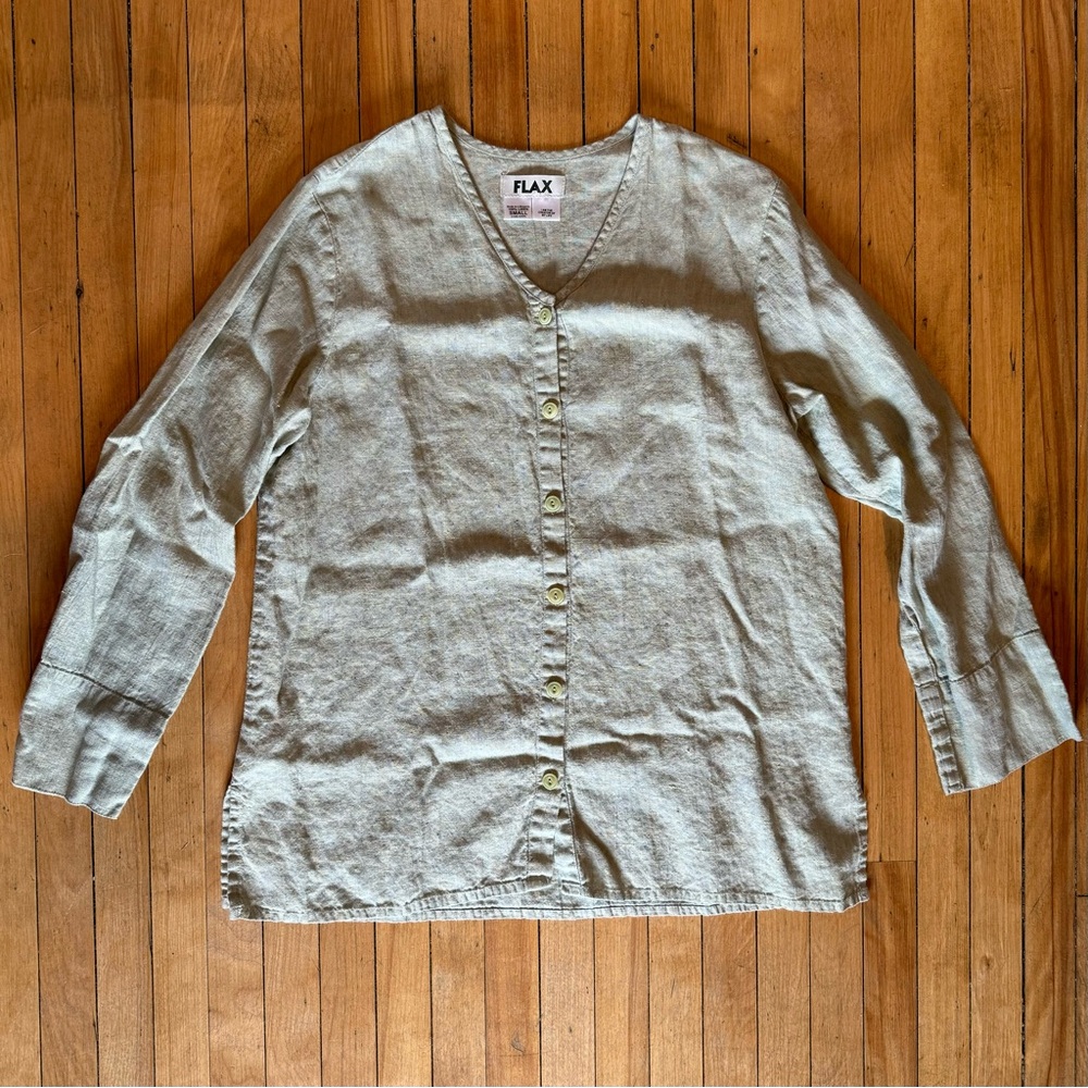 FLAX Collarless Linen Button Front Top Small S Green Seafoam Mint Neutral Summer